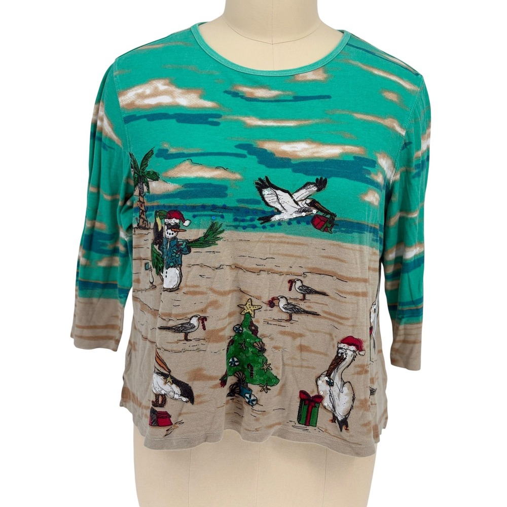 Coral Bay Christmas Top Teal Tropical Beach Sequin Snowman 100% Cotton 1X
